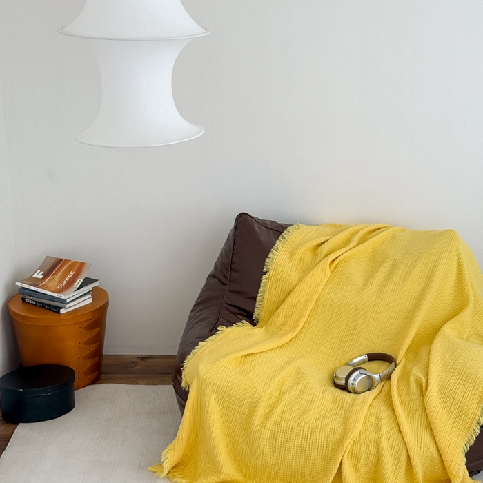 91家纺网 家纺一手货源 找家纺 山舍家居 2025新款全棉四层纱流苏盖毯第三批沙发图 柠檬黄