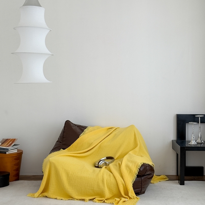 91家纺网 家纺一手货源 找家纺 山舍家居 2025新款全棉四层纱流苏盖毯第三批沙发图 柠檬黄