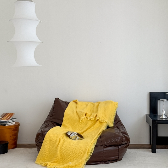 91家纺网 家纺一手货源 找家纺 山舍家居 2025新款全棉四层纱流苏盖毯第三批沙发图 柠檬黄