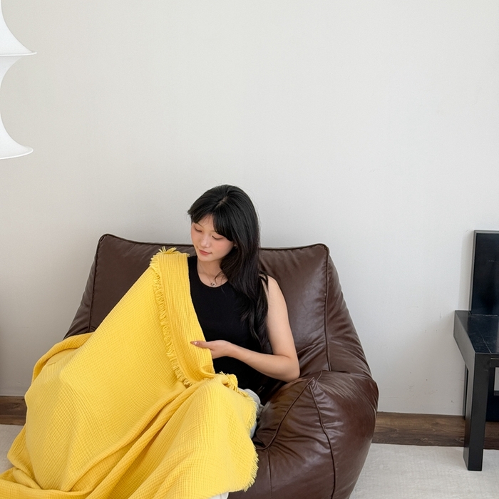 91家纺网 家纺一手货源 找家纺 山舍家居 2025新款全棉四层纱流苏盖毯第三批沙发图 柠檬黄