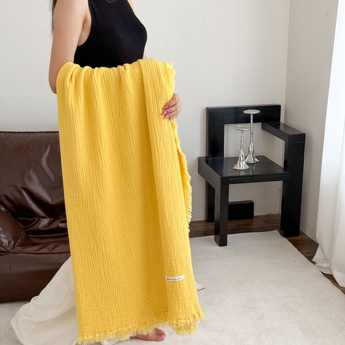 91家纺网 家纺一手货源 找家纺 山舍家居 2025新款全棉四层纱流苏盖毯第三批沙发图 柠檬黄