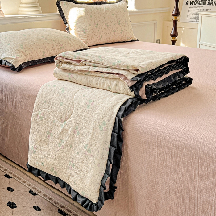 仟网汇 2025新款皱皱纱赫本风花边夏被夏凉被空调被四件套 赫本风-花知晓