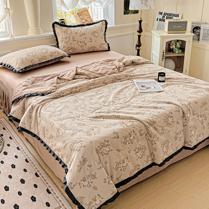 91家纺网 家纺一手货源 找家纺 仟网汇 2025新款皱皱纱赫本风花边夏被夏凉被空调被四件套 赫本风-可颂