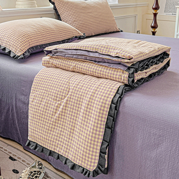 91家纺网 家纺一手货源 找家纺 （总）仟网汇 2025新款皱皱纱赫本风花边夏被夏凉被空调被四件套