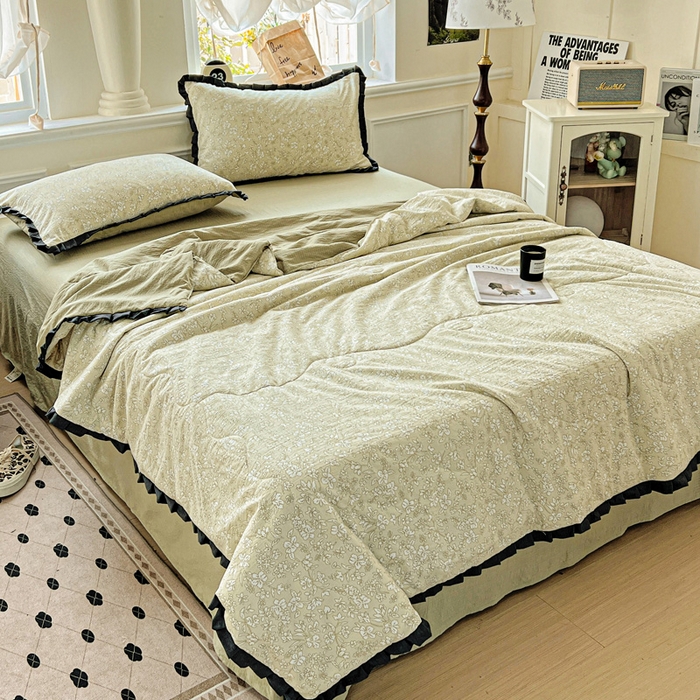 91家纺网 家纺一手货源 找家纺 仟网汇 2025新款皱皱纱赫本风花边夏被夏凉被空调被四件套 赫本风-安夏