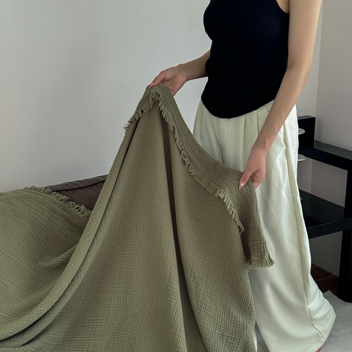 91家纺网 家纺一手货源 找家纺 山舍家居 2025新款全棉四层纱流苏盖毯第三批沙发图 松石绿