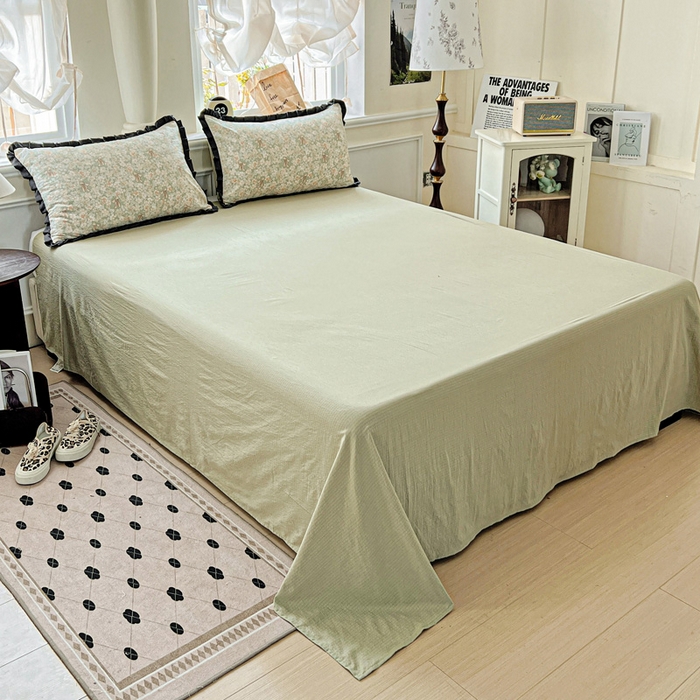 91家纺网 家纺一手货源 找家纺 仟网汇 2025新款皱皱纱赫本风花边夏被夏凉被空调被四件套 赫本风-花束绿