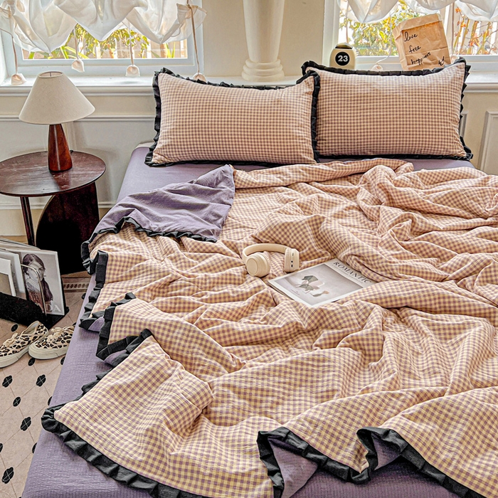 91家纺网 家纺一手货源 找家纺 仟网汇 2025新款皱皱纱赫本风花边夏被夏凉被空调被四件套 赫本风-复古格