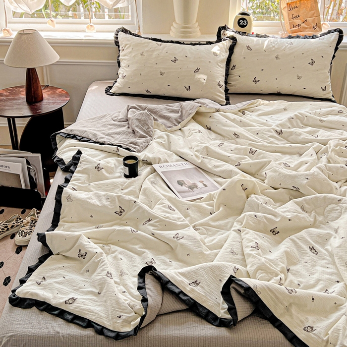91家纺网 家纺一手货源 找家纺 仟网汇 2025新款皱皱纱赫本风花边夏被夏凉被空调被四件套 赫本风-蝴蝶梦