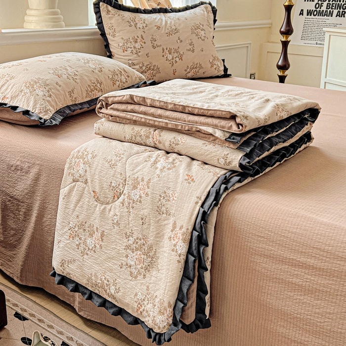 仟网汇 2025新款皱皱纱赫本风花边夏被夏凉被空调被四件套 赫本风-可颂