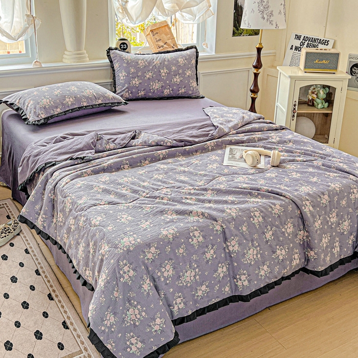 91家纺网 家纺一手货源 找家纺 仟网汇 2025新款皱皱纱赫本风花边夏被夏凉被空调被四件套 赫本风-豆蔻