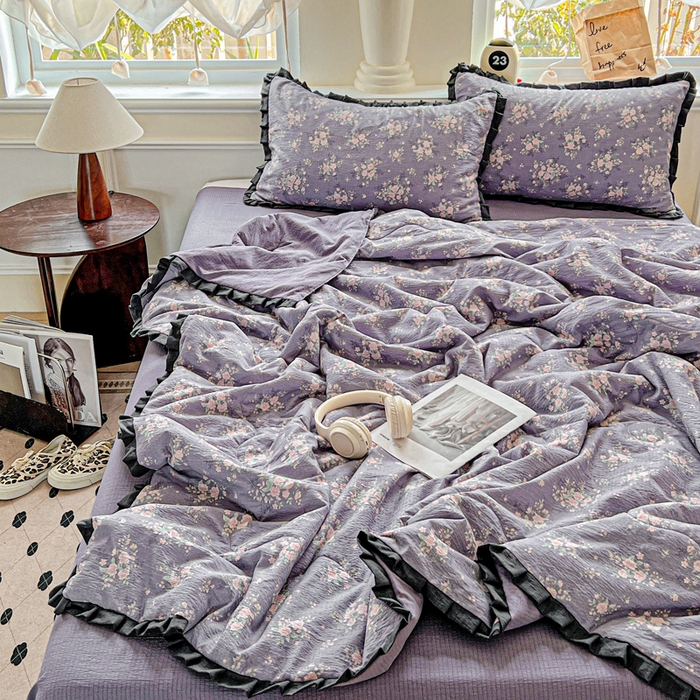 91家纺网 家纺一手货源 找家纺 仟网汇 2025新款皱皱纱赫本风花边夏被夏凉被空调被四件套 赫本风-豆蔻