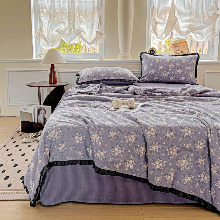 91家纺网 家纺一手货源 找家纺 仟网汇 2025新款皱皱纱赫本风花边夏被夏凉被空调被四件套 赫本风-豆蔻