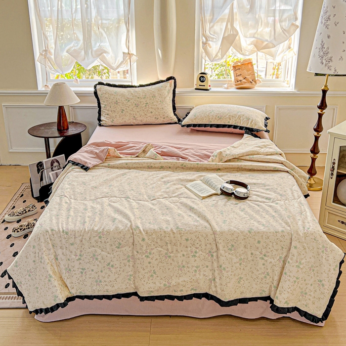 91家纺网 家纺一手货源 找家纺 仟网汇 2025新款皱皱纱赫本风花边夏被夏凉被空调被四件套 赫本风-花知晓