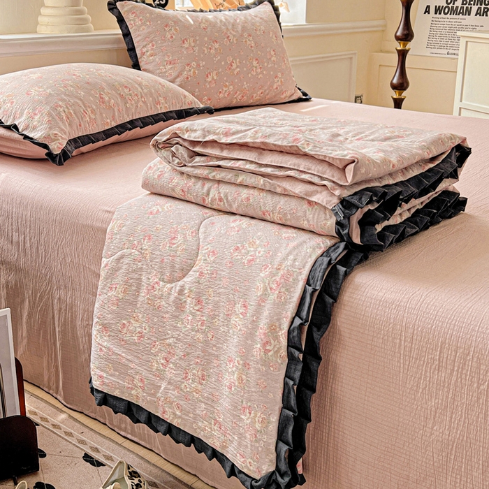 仟网汇 2025新款皱皱纱赫本风花边夏被夏凉被空调被四件套 赫本风-素颜