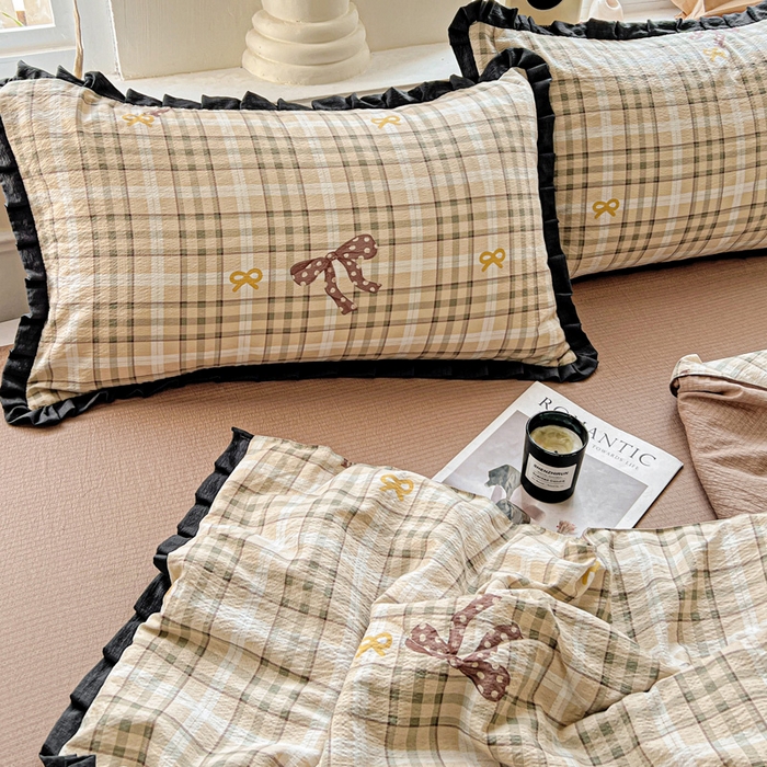 91家纺网 家纺一手货源 找家纺 仟网汇 2025新款皱皱纱赫本风花边夏被夏凉被空调被四件套 赫本风-太妃糖