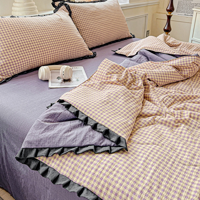 91家纺网 家纺一手货源 找家纺 仟网汇 2025新款皱皱纱赫本风花边夏被夏凉被空调被四件套 赫本风-复古格