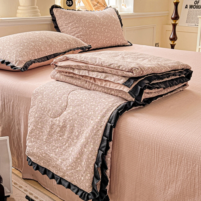 仟网汇 2025新款皱皱纱赫本风花边夏被夏凉被空调被四件套 赫本风-山野栀子