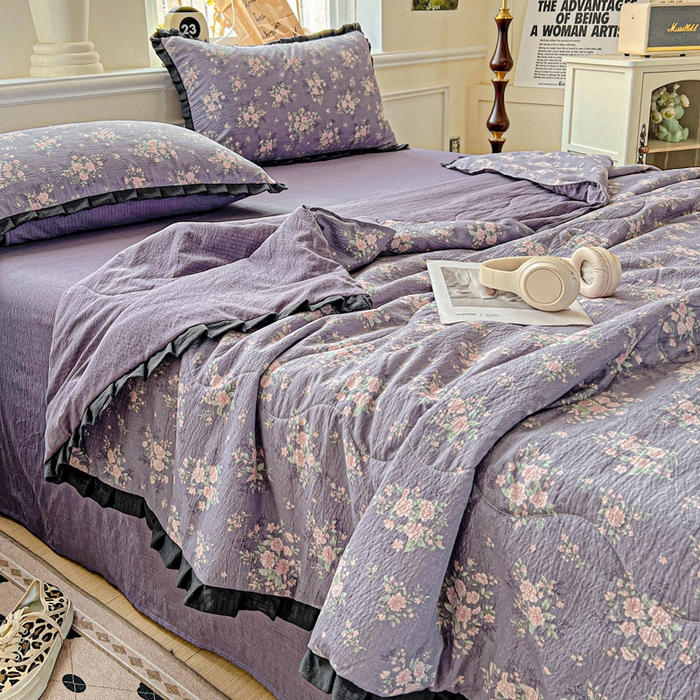 91家纺网 家纺一手货源 找家纺 （总）仟网汇 2025新款皱皱纱赫本风花边夏被夏凉被空调被四件套