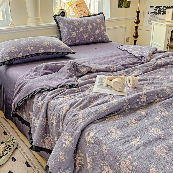 91家纺网 家纺一手货源 找家纺 仟网汇 2025新款皱皱纱赫本风花边夏被夏凉被空调被四件套 赫本风-豆蔻