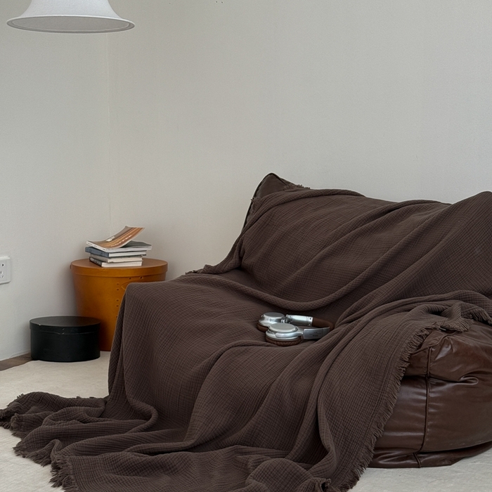 91家纺网 家纺一手货源 找家纺 山舍家居 2025新款全棉四层纱流苏盖毯第三批沙发图 陶泥