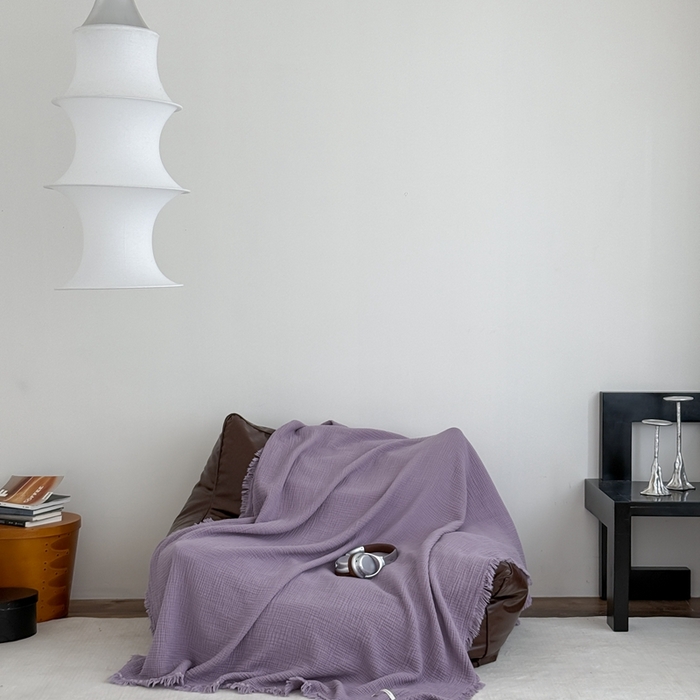 91家纺网 家纺一手货源 找家纺 山舍家居 2025新款全棉四层纱流苏盖毯第三批沙发图 烟紫