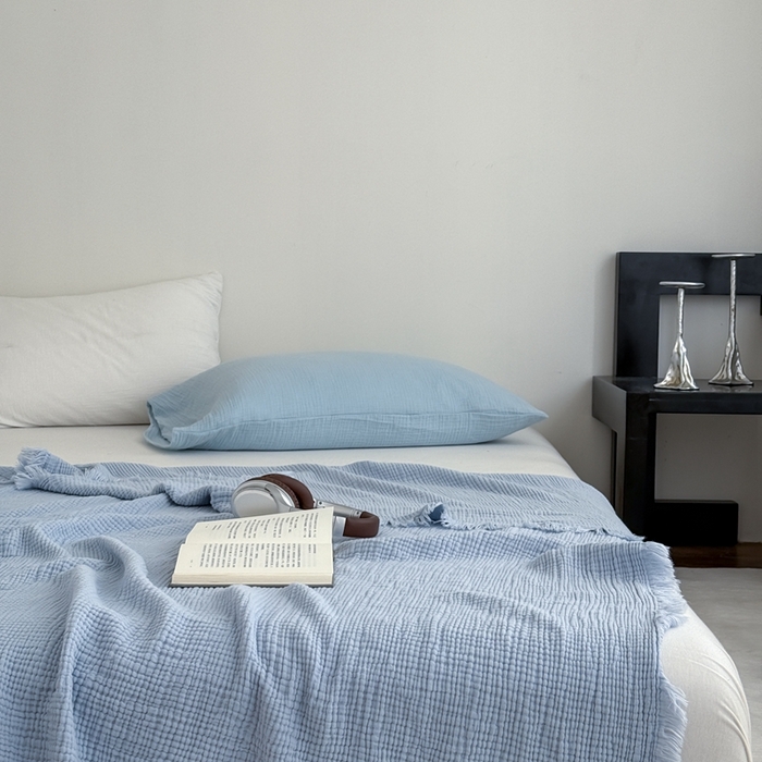 91家纺网 家纺一手货源 找家纺 （总）山舍家居 2025新款全棉四层纱流苏盖毯第三批 床拍图