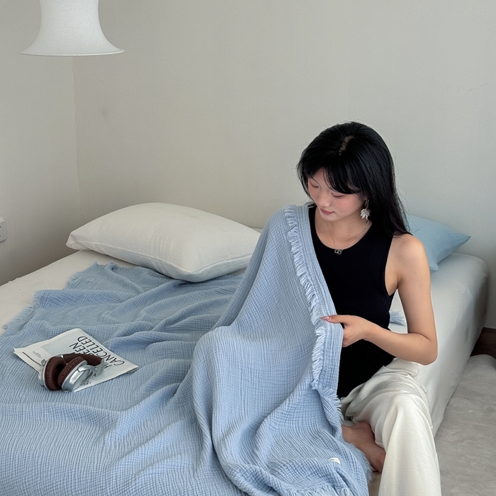 （总）山舍家居 2025新款全棉四层纱流苏盖毯第三批 床拍图