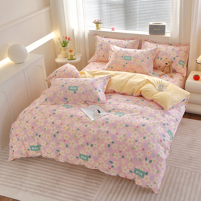 91家纺网 家纺一手货源 找家纺 2025新款40s简欧全棉纯棉印花多规格系列四件套 花满城-粉