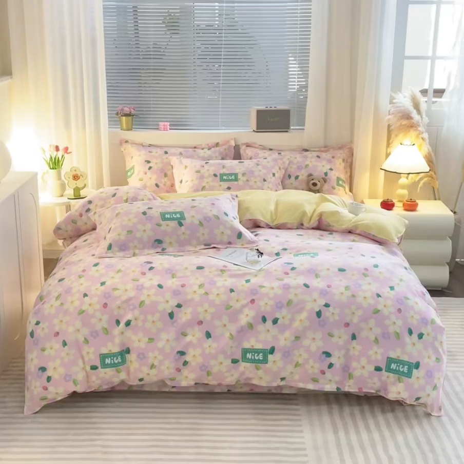 91家纺网 家纺一手货源 找家纺 2025新款40s简欧全棉纯棉印花多规格系列四件套 花满城-粉