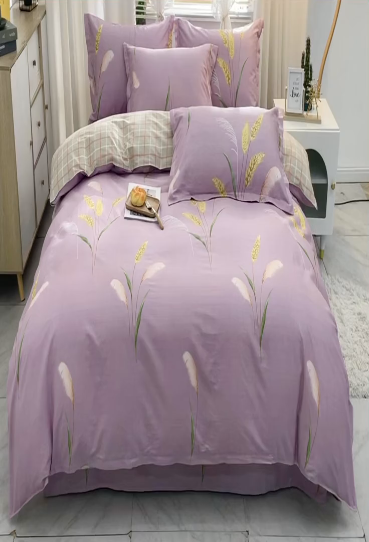 91家纺网 家纺一手货源 找家纺 2025新款40s简欧全棉纯棉印花多规格系列四件套 风吹麦浪-紫