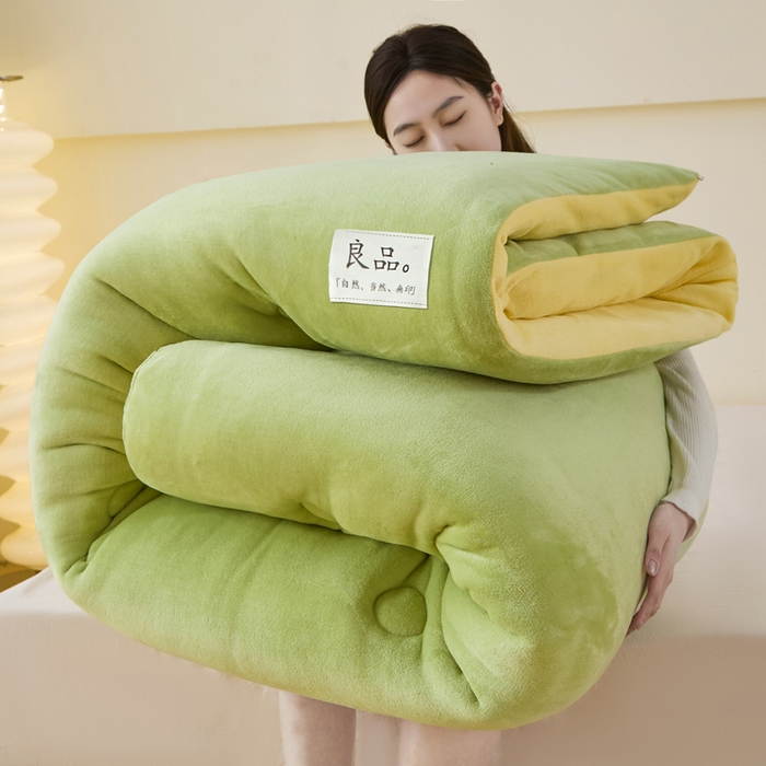 91家纺网 家纺一手货源 找家纺 牛魔王家居 2024新款双面牛奶绒加厚冬被被子被芯填充(白丝棉） 果绿+奶黄