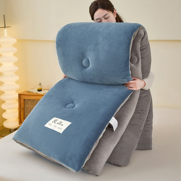 91家纺网 家纺一手货源 找家纺 牛魔王家居 2024新款双面牛奶绒加厚冬被被子被芯填充(白丝棉） 蓝+灰