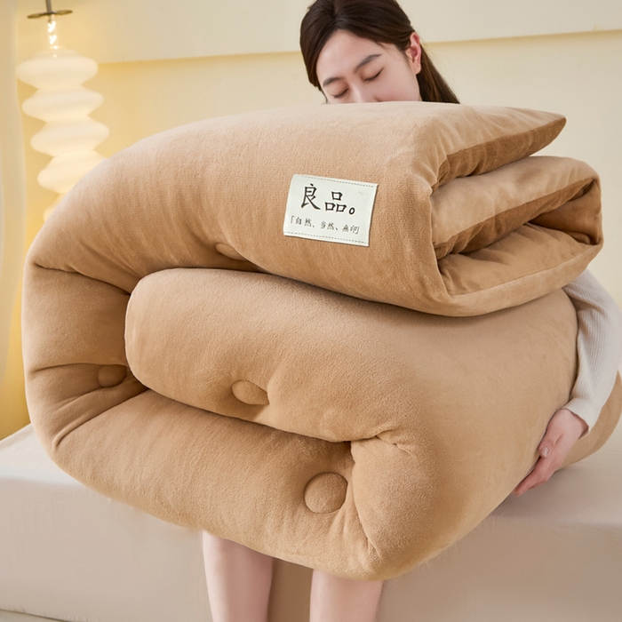 91家纺网 家纺一手货源 找家纺 牛魔王家居 2024新款双面牛奶绒加厚冬被被子被芯填充(白丝棉） 卡色+驼色