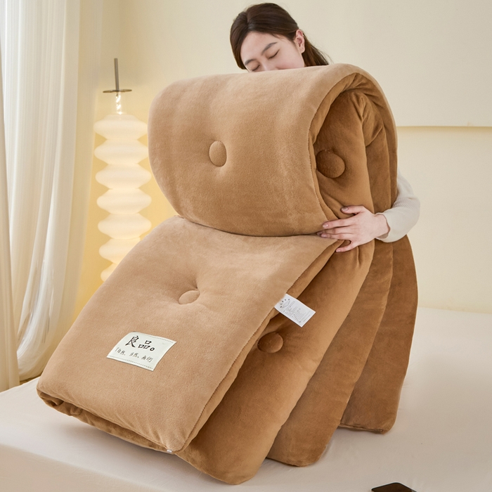 91家纺网 家纺一手货源 找家纺 牛魔王家居 2024新款双面牛奶绒加厚冬被被子被芯填充(白丝棉） 卡色+驼色