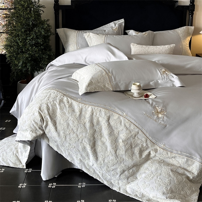 91家纺网 家纺一手货源 找家纺 鼎飞家纺 2025新款长绒棉纯棉刺绣雕花四件套-蝶舞花语 蝶舞花语-夜漠灰