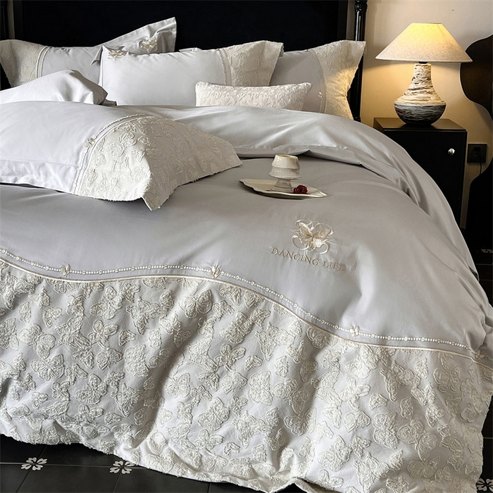 91家纺网 家纺一手货源 找家纺 鼎飞家纺 2025新款长绒棉纯棉刺绣雕花四件套-蝶舞花语 蝶舞花语-夜漠灰