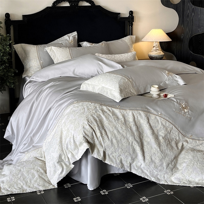 91家纺网 家纺一手货源 找家纺 鼎飞家纺 2025新款长绒棉纯棉刺绣雕花四件套-蝶舞花语 蝶舞花语-夜漠灰