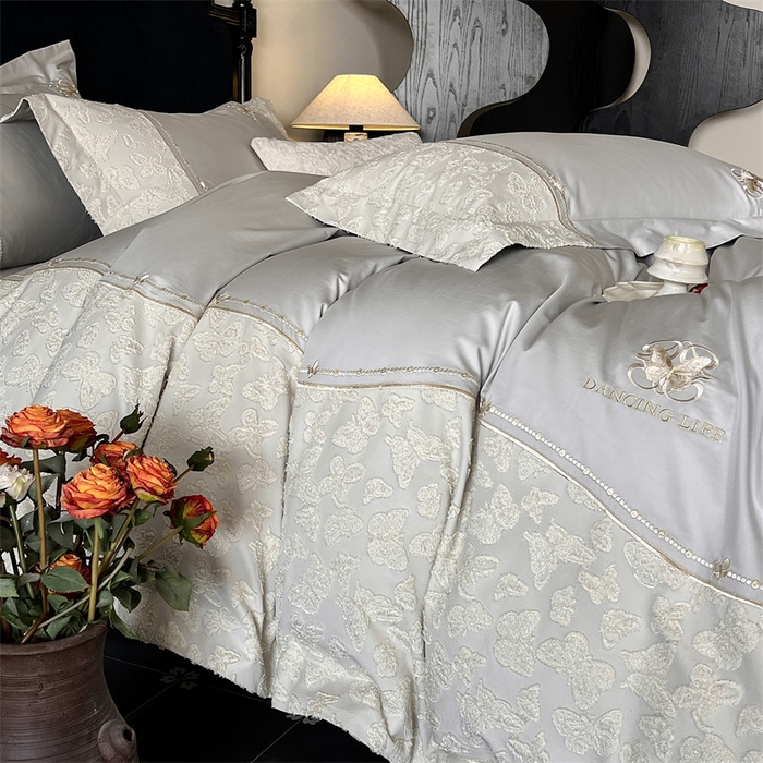 91家纺网 家纺一手货源 找家纺 鼎飞家纺 2025新款长绒棉纯棉刺绣雕花四件套-蝶舞花语 蝶舞花语-夜漠灰