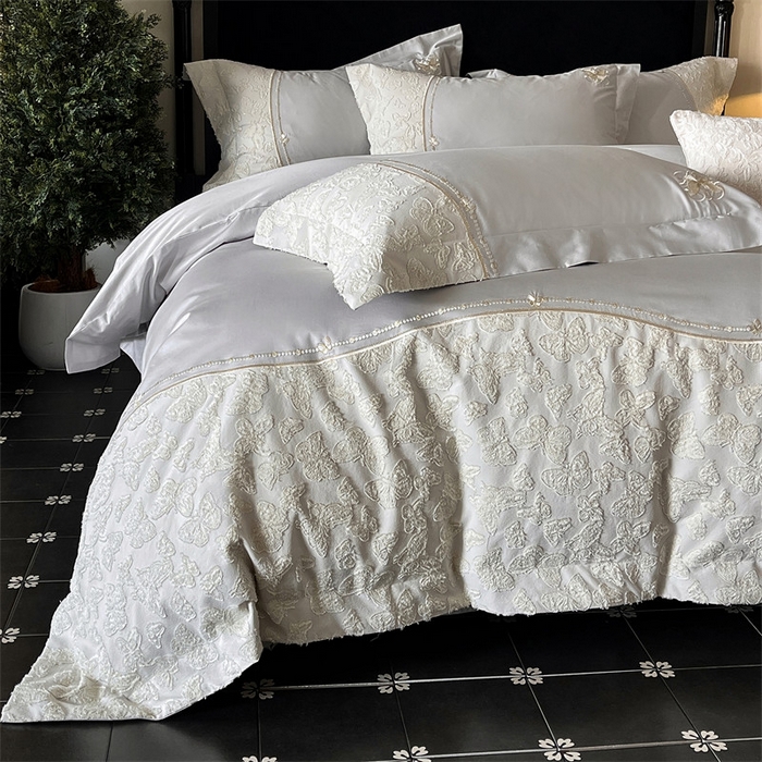 91家纺网 家纺一手货源 找家纺 鼎飞家纺 2025新款长绒棉纯棉刺绣雕花四件套-蝶舞花语 蝶舞花语-夜漠灰