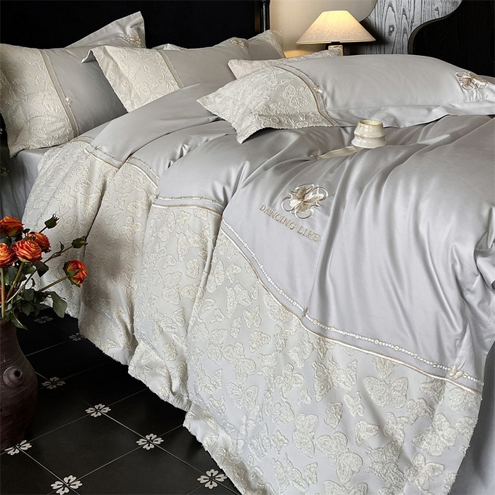 91家纺网 家纺一手货源 找家纺 鼎飞家纺 2025新款长绒棉纯棉刺绣雕花四件套-蝶舞花语 蝶舞花语-夜漠灰