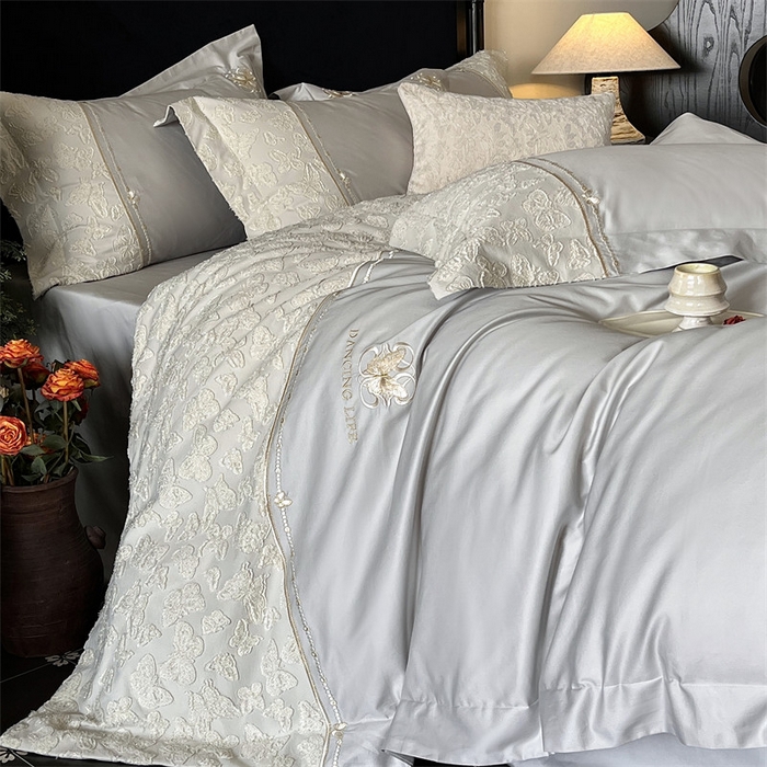 91家纺网 家纺一手货源 找家纺 鼎飞家纺 2025新款长绒棉纯棉刺绣雕花四件套-蝶舞花语 蝶舞花语-夜漠灰