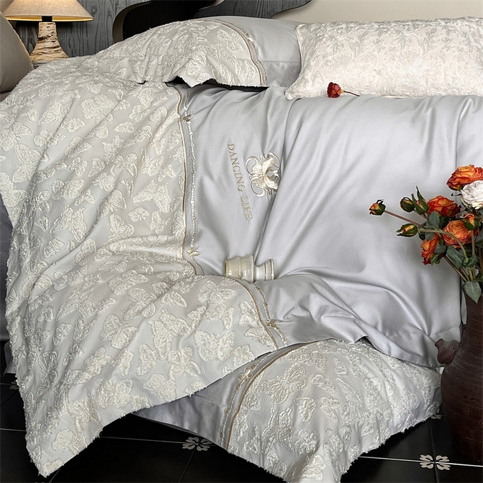 91家纺网 家纺一手货源 找家纺 鼎飞家纺 2025新款长绒棉纯棉刺绣雕花四件套-蝶舞花语 蝶舞花语-夜漠灰