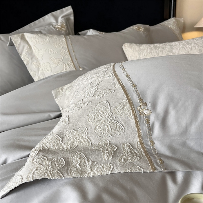 91家纺网 家纺一手货源 找家纺 鼎飞家纺 2025新款长绒棉纯棉刺绣雕花四件套-蝶舞花语 蝶舞花语-夜漠灰