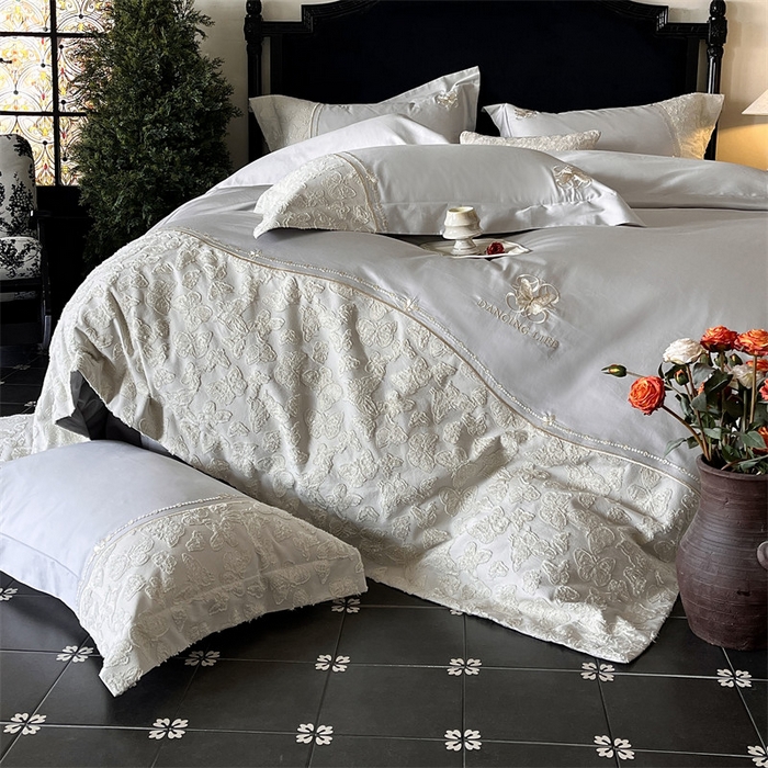 91家纺网 家纺一手货源 找家纺 鼎飞家纺 2025新款长绒棉纯棉刺绣雕花四件套-蝶舞花语 蝶舞花语-夜漠灰