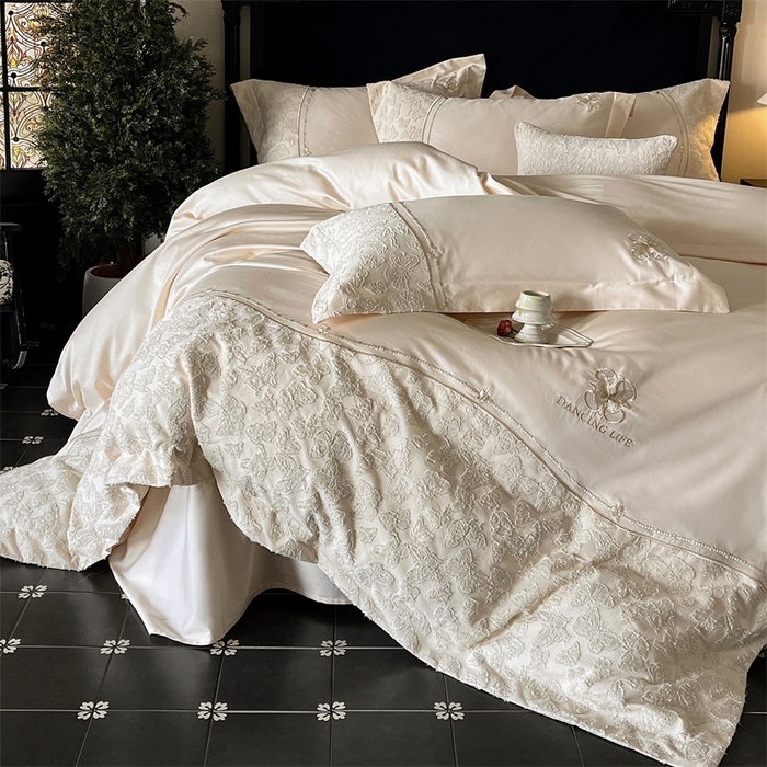 91家纺网 家纺一手货源 找家纺 鼎飞家纺 2025新款长绒棉纯棉刺绣雕花四件套-蝶舞花语 蝶舞花语-香草色