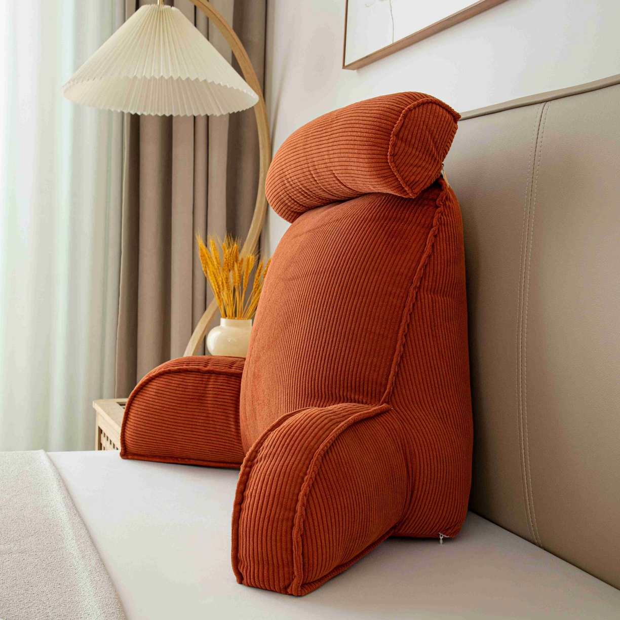 91家纺网 家纺一手货源 找家纺 沐沐家纺 2026新款灯芯绒护腰靠背 橘红色