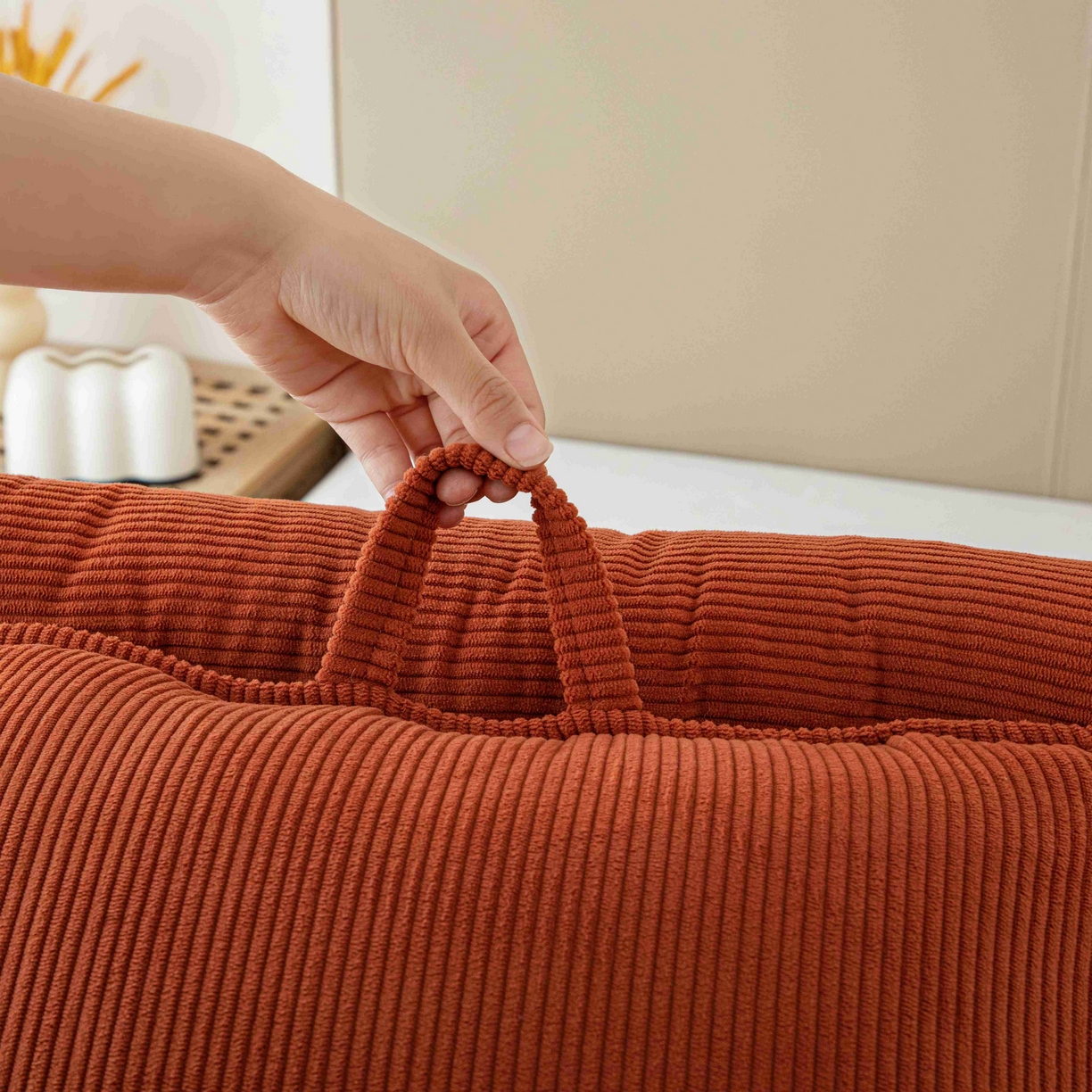 91家纺网 家纺一手货源 找家纺 沐沐家纺 2026新款灯芯绒护腰靠背 橘红色