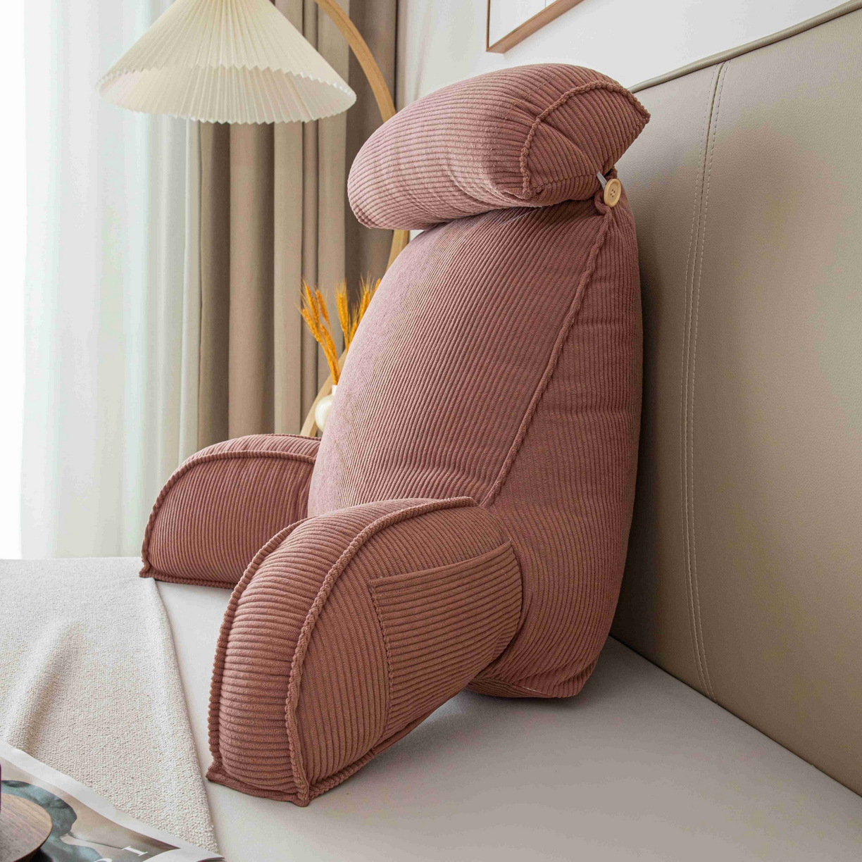 91家纺网 家纺一手货源 找家纺 沐沐家纺 2026新款灯芯绒护腰靠背 玫粉