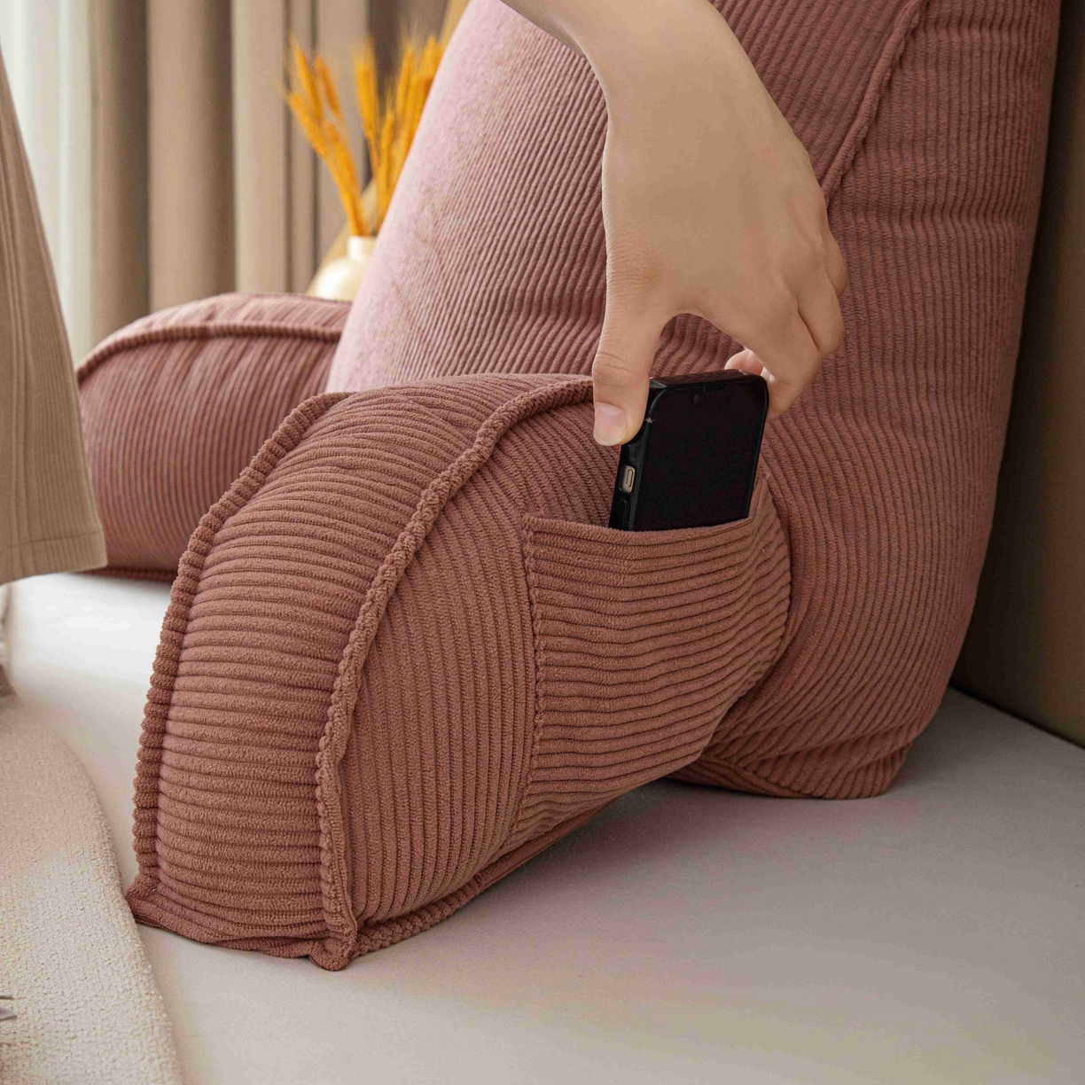 91家纺网 家纺一手货源 找家纺 沐沐家纺 2026新款灯芯绒护腰靠背 玫粉